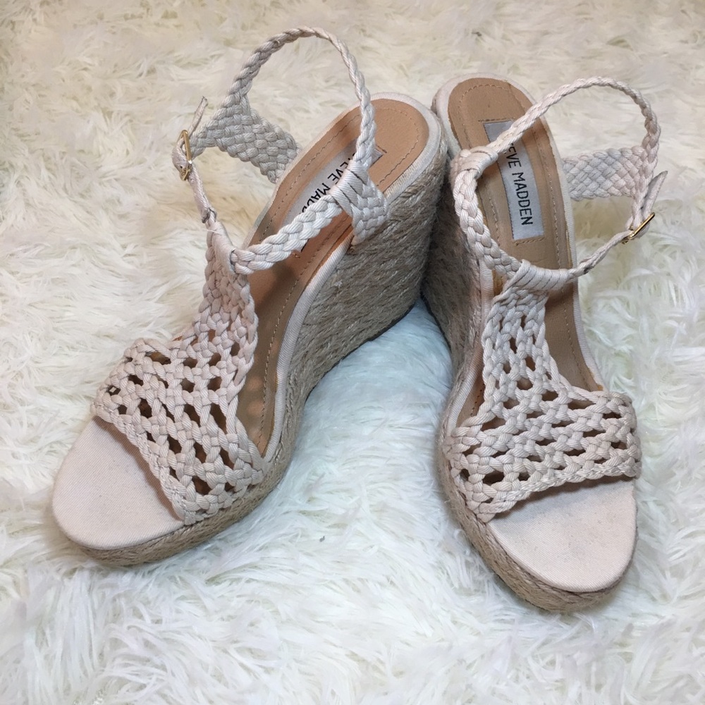 Beige Steve Madden wedge sandals.
